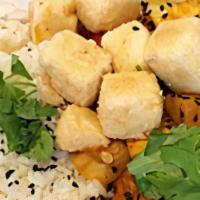 Tofu Curry Rice Bowl · Tofu in red curry rice seasoned with ginger scallion oil, house salad with ginger pineapple ...