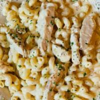 Pasta Alfredo · Cavatappi Pasta, House made Alfredo sauce, Grilled Chicken Breast, topped with Fresh Basil &...