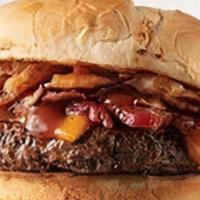 Bbq Bacon Burger · 1/2 pound burger, Cheddar cheese, bacon, lettuce, tomato, and BBQ sauce on a brioche bun.
