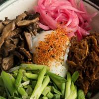 Bibimbap · moto-i twist on a korean style rice bowl, bbq pork, ginger garlic fried rice, pickled red on...