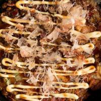 Okonomiyaki · bacon and cabbage pancake, qp mayo, katsu, bonito