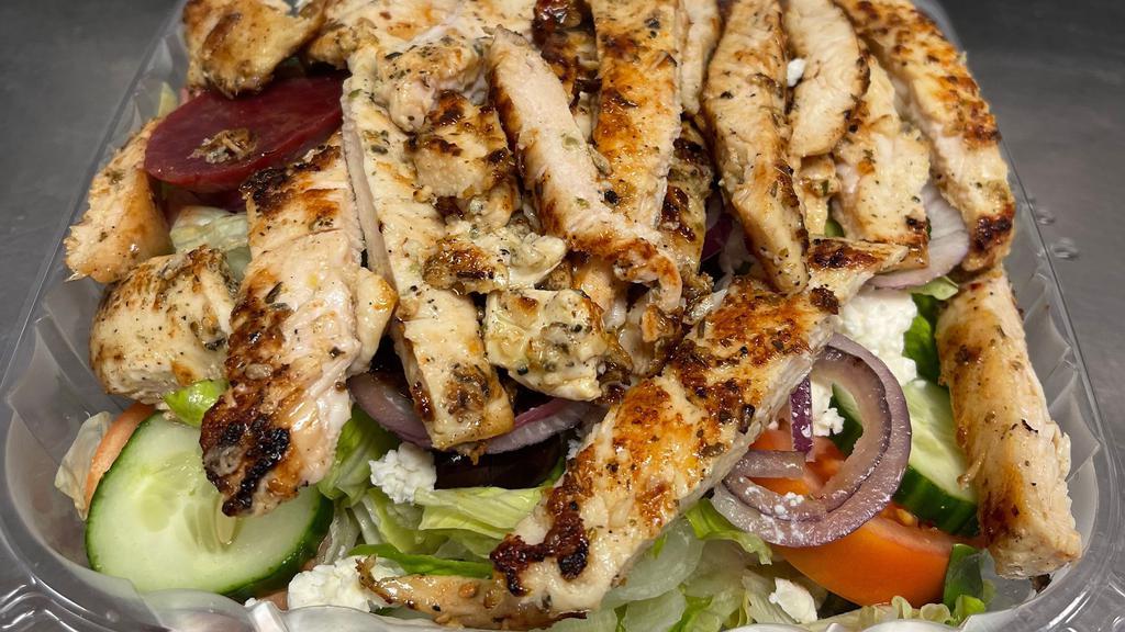 Chicken Greek Salad · Chicken, tomatoes, cucumbers, olives, peperoncini, beets onions and feta cheese.
