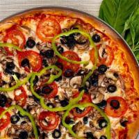 Vegetariano · Marinara Sauce, Mozzarella Cheese, Fresh Tomatoes,  Fresh Mushrooms, Olives,  Red Onions, Gr...