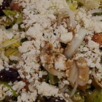 Mediterranean Salad · Vegetarian. Romaine lettuce, tomatoes, cucumbers, onions, black olives, and feta cheese (ser...