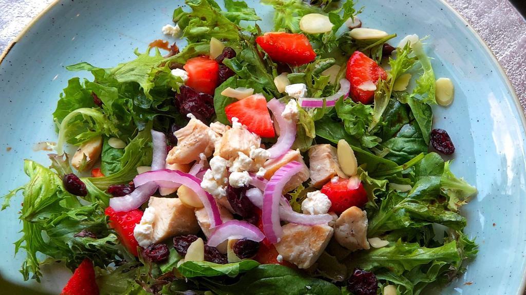 Chicken Strawberry Salad · Most Popular. Gluten free dressing, white meat chicken, house salad, fresh strawberries, and goat cheese.