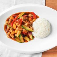 Mango Ginger Chicken · White meat chicken, fresh mango, tomato, green veggie in sweet ginger sauce, and rice and sa...