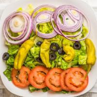 Garden Salad · Romaine lettuce, tomatoes, red onions, pepperoncini, and black olives.