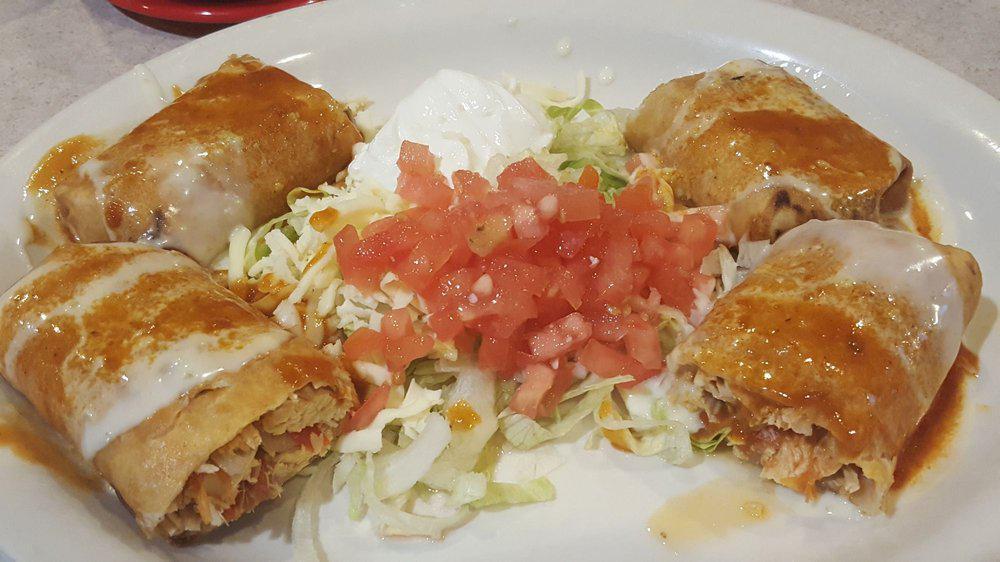 Pleasant Hill Special · Four little chimichangas, tow chicken and two beef, topped with cheese sauce and enchilada, served with tossed salad.