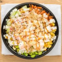 Happy Bowl · Chicken, shrimp, krab salad, cucumber, corn, carrots, edamame with yum yum, teriyaki, sesame...