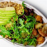 Quinoa Bowl (Vegan) · Quinoa, cauliflower, avocado, beans and arugula,