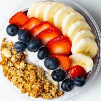 Brazilian Acai Bowl · Pure acaí mix. Topped with:  Strawberries, banana, bluberries, granola and coconut shred.
Pe...