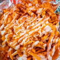 Salito Fries · chopped hand battered tenders ,chipotle sauce, Nyc halal white sauce , melted cheddar cheese...