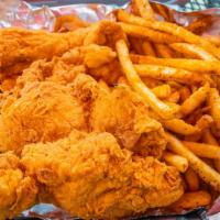 8 Hand Battered Tenders · fresh hand battered tenders dipped in bbq,hot,chipolte or whitesauce served with fries