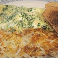 Spinach And Feta Omelette · Spinach and feta cheese omelette, hash brown included.