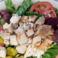 Large Greek Chicken Salad · Lettuce, tomatoes, olives, pepperoncini, beets. Onions, and feta cheese. Served with pita br...
