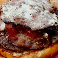 Mix Up · 1/3 pound burger, 1/4 pound roasted beef, bacon, horseradish mayo.