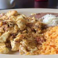 Huevos With Chorizo · Two eggs with chorizo served with rice. beans and cheese.