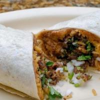 Queen Burrito · Choice of meat. rice. beans. cilantro and onions.