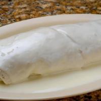 Cheesy Queen Burrito · Choice of meat. rice. beans. cilantro and onions, topped with sauce.