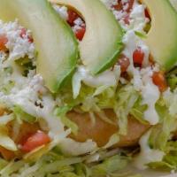Flautas (No Rice- No Beans) · Rolled up fried corn tortillas stuffed with chicken or shredded beef. topped with lettuce, s...