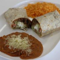 Burrito Dinner · Burrito of your choice served with option of rice and beans.