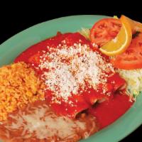 Enchiladas Rojas · Three soft rolled tortilla stuffed with your choice of cheese or chicken and smothered in a ...