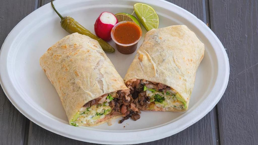 Burritos · 12 inch flour tortilla stuffed with rice, pinto beans, cheese, sour cream, cilantro, onions, and your choice of meat; rolled and served with a side of salsa, radish, and a grilled jalapeño