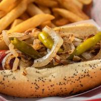 Maxwell Street Polish · Authentic Maxwell St. Polish Sausage - 100% Beef topped with Grilled Onions, Yellow Mustard ...