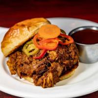 Bloody Mary Bbq Pulled Pork Sandwich · Smoked pork on toasted Brioche bun with side of 