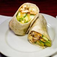 California Chicken Wrap · Chicken with avocado, cucumber, Cheddar Jack and roasted garlic mayo wrapped in a tortilla.