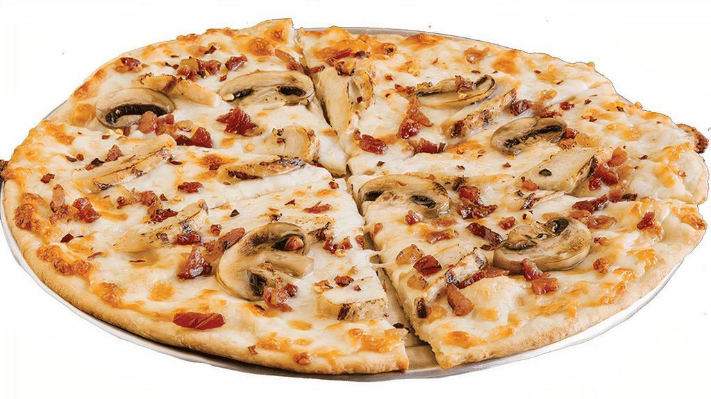 Chicken Carbonara · alfredo sauce / mozzarella / parmesan / grilled chicken / mushrooms / crushed red peppers / bacon