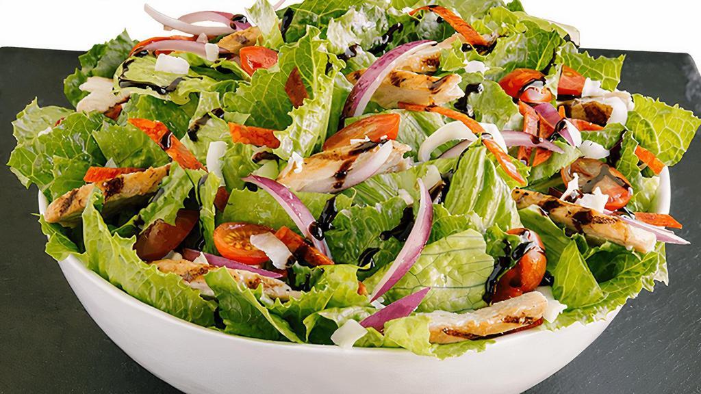 Classic Italian Salad · romaine lettuce / grilled chicken / red onions / pepperoni / mozzarella / grape tomatoes / balsamic drizzle / croutons