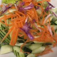 Cucumber Salad · Gluten free. Fresh sliced cucumber, red onion and carrot with homemade Thai sweet and sour d...