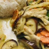 Green Curry · Gluten free. Green curry with coconut milk, bamboo shoot, eggplant, bell peppers and Thai ba...