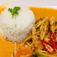 Red Curry · Gluten free. Red curry with coconut milk, bamboo shoot, bell pepper, carrot and Thai basil. ...
