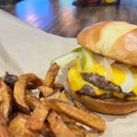 The Kingpin · Our signature burger! Two 3-ounce patties smashed and topped with American cheese, pickle sp...