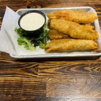 Fried Pickles · Crunchy and delicious. Five hand-battered spears deep-fried to  crispy perfection. Side of R...