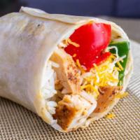 #7 Chicken Fajita Burrito · Tender chicken, fajita vegetables (onion, green pepper, red pepper), cilantro-lime rice, pic...