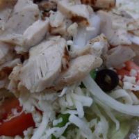 Chicken Salad · Lettuce, tomatoes, onions, green peppers, mozzarella, black olives, and grilled chicken.