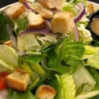 House Salad · romaine and iceberg lettuce topped with mozzarella cheese, cucumbers, tomatoes, red onion, a...