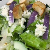 Side-House Salad · romaine and iceberg lettuce topped with mozzarella cheese, cucumbers, tomatoes, red onion, a...