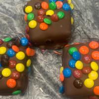 M&M Brownies · Brownies dipped in milk chocolate and covered in M&Ms