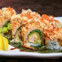 Monster · Inside; shrimp tempura, seaweed salad and avocado ,   out; spicy  kani , tempura flakes,spic...