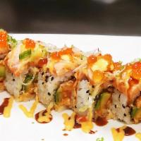 Crazy' Salmon Roll · In: spicy salmon, avocado, chill sauce. Out: fresh salmon, mayon, eel sauce, spicy mayon, sc...