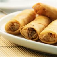 Spring Roll (1 Piece) · Spring roll wrapper filled with shrimp, spiced ground meat, sliced cabbage and carrots, frie...