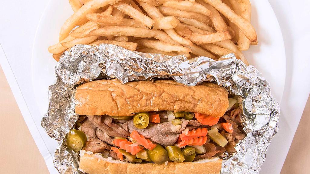 Italian Beef · Italian beef topped with your choice of mild or hot peppers and your choice of cheese and toppings.