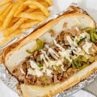 Fryerz Philly · Topped with provolone cheese, grilled onions, mushrooms, green peppers, and mayo.