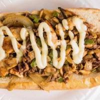Chicken-Steak Philly · Topped with provolone cheese, green peppers, onions, mushrooms, and mayo.