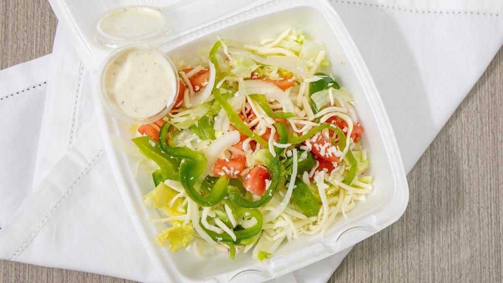 Garden Salad · Fresh greens topped with tomatoes, onions, green peppers, and shredded Parmesan