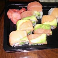 Rainbow Roll · Crabmeat, avocado, cucumber, salmon, and tuna on top.